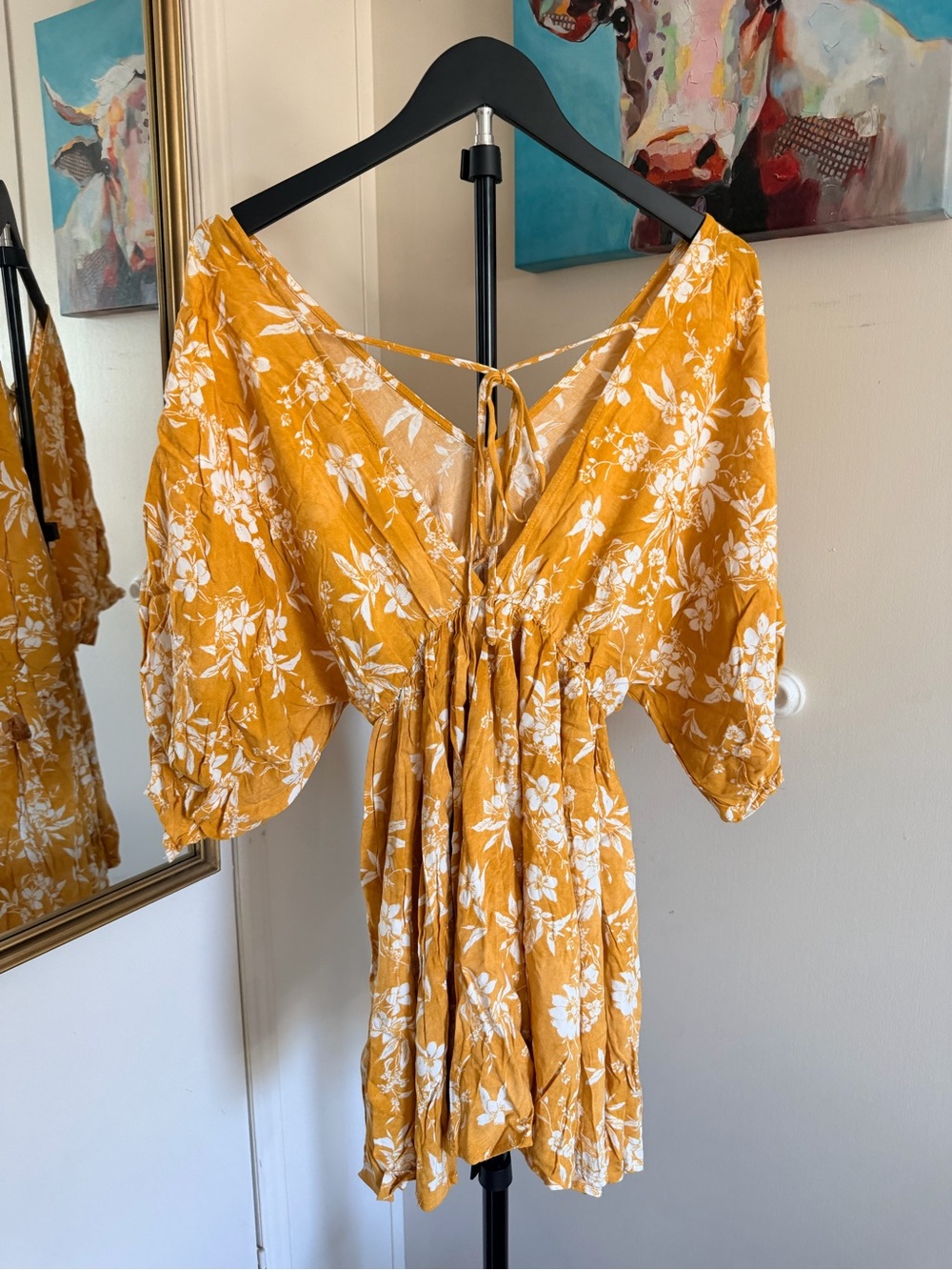 Mustard Yellow White Floral Boho Romper Balloon Sleeve